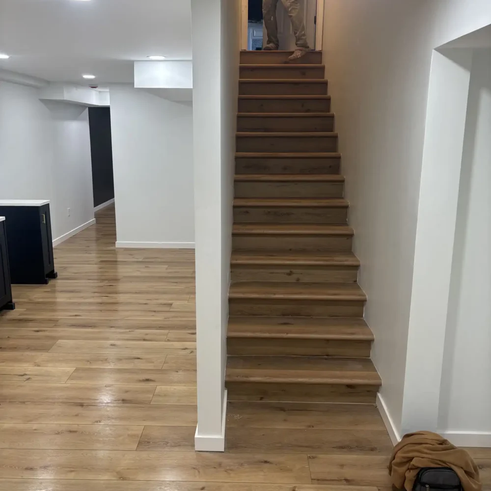 New Wooden Stairs in a Midwest Basement Remodel